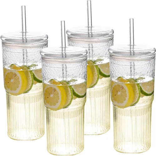 Vista 8 de Vasos de vidrio de 32 onzas con asa y tapas de bambú y pajitas, paquete de 2 vasos de vidrio de borosilicato para café helado, batidos, bebidas