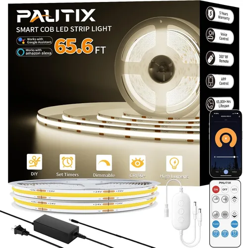 Vista 12 de PAUTIX Tiras de luces LED COB 65.6 pies/20m blanco cálido 2700K, compatible con Alexa/Google Assistant, tiras LED regulables para dormitorio