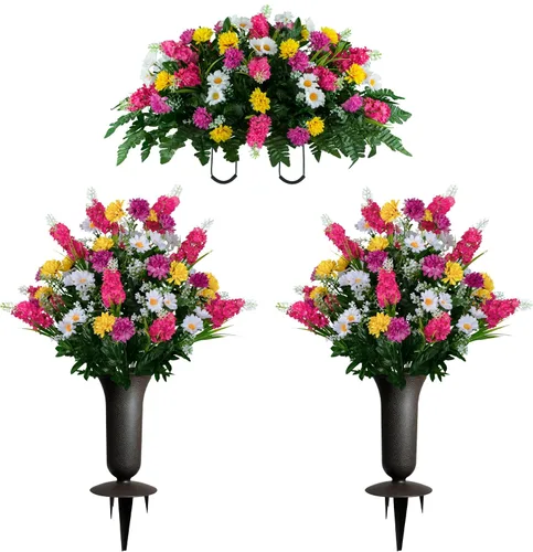 Vista 18 de Sympathy Silks Flores artificiales para cementerios – Decoraciones para tumbas - 1 ramo de flores silvestres de violeta púrpura y naranja, 1 montura