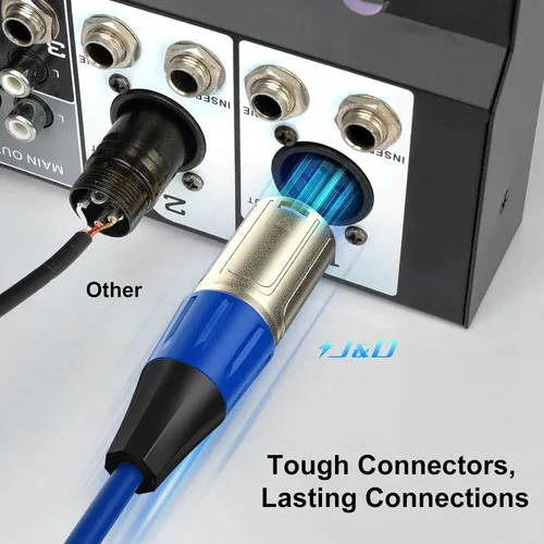 Vista 3 de J&D Cable de micrófono XLR, chapado en oro, resistente, equilibrado, de 3 pines, XLR macho a hembra, cable de micrófono de color para mezclador
