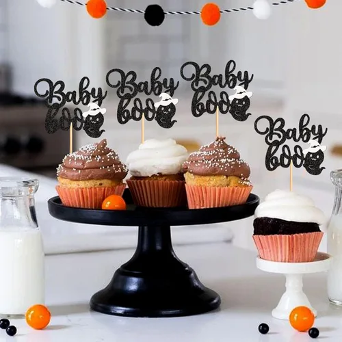 Vista 2 de 24 piezas de Halloween Baby Boo Cupcake Toppers Boo Ghost Cupcake Picks Baby Shower Halloween Boy Girl First Birthday Party Decoración Suministros