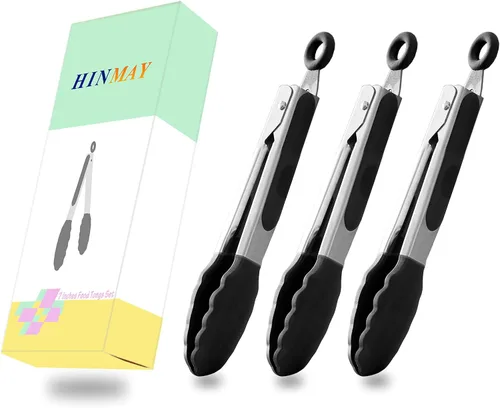 Vista 5 de HINMAY Mini pinzas con puntas de silicona pinzas de cocina de 7 pulgadas, juego de 3 (negro)