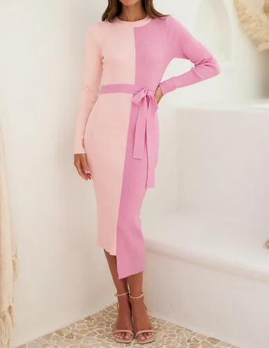 Vista 2 de ZESICA Vestido de punto acanalado para mujer, elegante vestido de manga larga con cuello redondo y lazo en la cintura ajustado ajustado