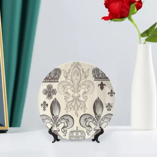 Vista 6 de Plato decorativo de 6 pulgadas, plato de cena de flor de lis, patrón heráldico, escudo de armas, placa de exhibición de adorno para mesa de comedor