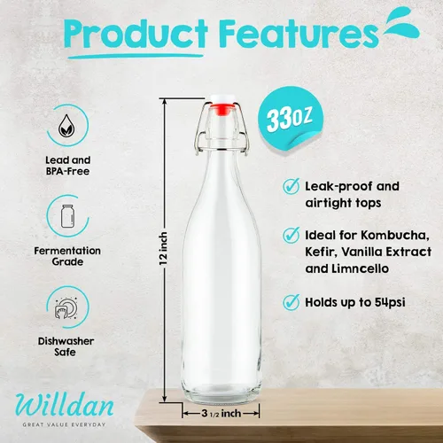 Vista 4 de Botellas de vidrio con tapa abatible [1 litro / 33 onzas líquidas] [Paquete de 4] - Botellas de coquito con tapa abatible para kombucha