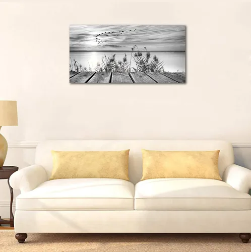 Vista 2 de yearainn Arte de Lienzo de Pared en Blanco y Negro Lago al Atardecer con Pájaros Voladores Cuadros para Decoración de Pared Paisaje Natural Pintura