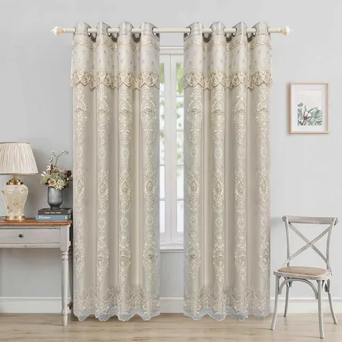 Vista 2 de Cortinas de oscurecimiento de habitación de doble capa con superposición transparente bordada para dormitorio, cortinas con ojales, cenefa adjunta