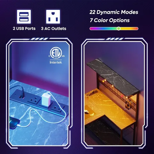 Vista 4 de Bestier Escritorio de juegos en forma de L de 42 pulgadas, escritorio para computadora con tomas de corriente y luz LED, escritorio reversible