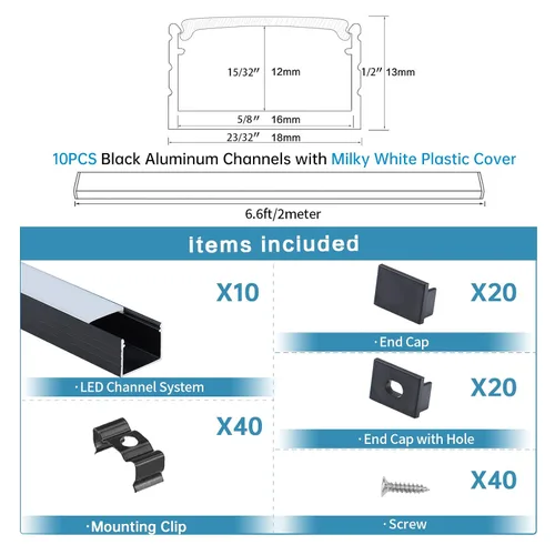 Vista 2 de Muzata Paquete de 10 unidades de 6.6 pies/6.6 ft con sistema de canal LED negro en forma de U con cubierta de difusor blanco lechoso esmerilado