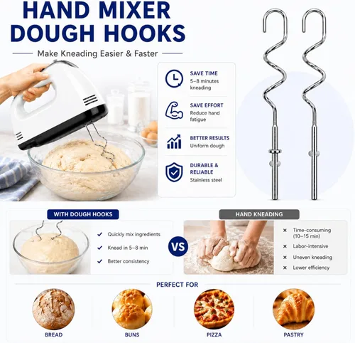 Vista 2 de Ganchos de masa KHM512 para batidora de mano, repuesto compatible con KitchenAid serie KHM/5KSM/KSM/KSMO/KSMH, accesorios de acero inoxidable