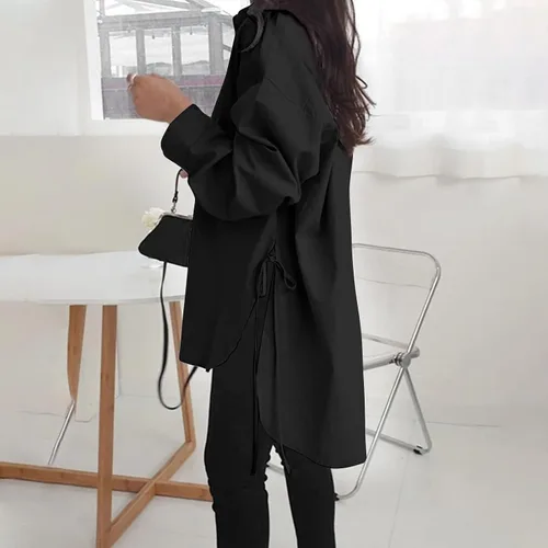 Vista 84 de Camisas de manga larga con botones para mujer, asimétricas, casuales, con cordones, túnica de gran