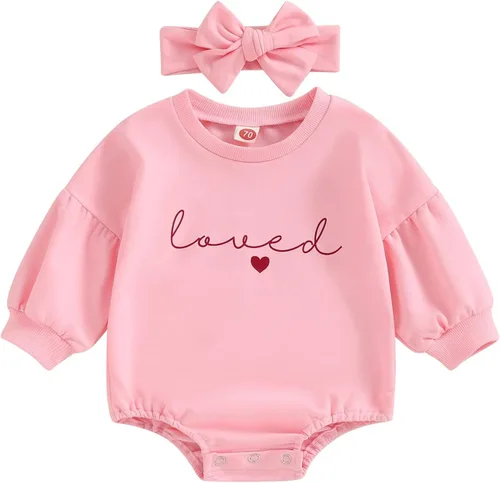 Vista 31 de Traje de bebé niña para el primer día de San Valentín, mameluco de burbujas con cuello redondo, sudadera linda para primavera y otoño