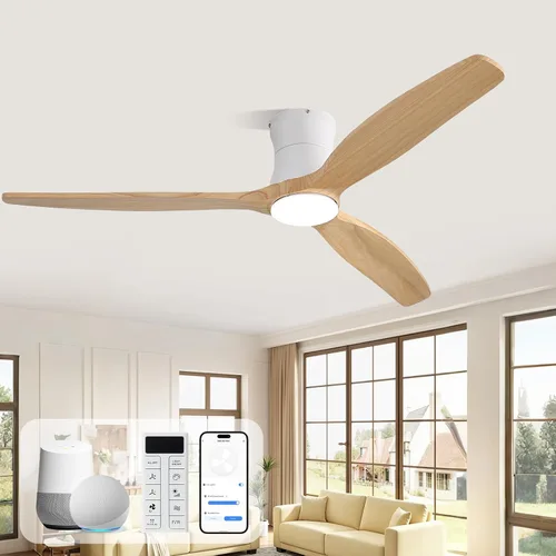 Vista 13 de Sofucor Ventilador de techo inteligente de 52 pulgadas sin luz, ventilador de techo de madera maciza de bajo perfil con control remoto, ventilador