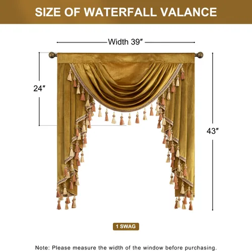 Vista 3 de VOGOL Cenefa de cortinas de terciopelo grueso para dormitorio, cenefas de cascada de lujo con aislamiento térmico dorado para sala de estar formal