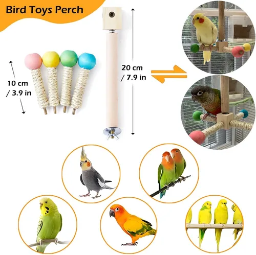 Vista 5 de Juguete de percha para pájaros, juguetes interactivos giratorios para periquitos, rueda de ejercicio de madera, juguete de loro, juguete