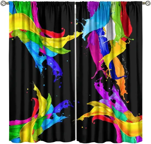 Vista 36 de Cortinas opacas abstractas de arco iris, pintura de color arcoíris con gotas, diseño gráfico creativo con bolsillo para barra, para sala de estar
