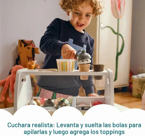 Vista 7 de Melissa & Doug - Encimera de helados de madera con cuchara para servir, juego de tienda de simulación, 28 accesorios de comida y cocina de juguete