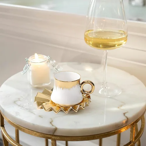 Vista 7 de Juego de 6 tazas de café turco de cerámica de 3.5 onzas, tazas y platillos de porcelana para capuchino italiano británico con ribete dorado