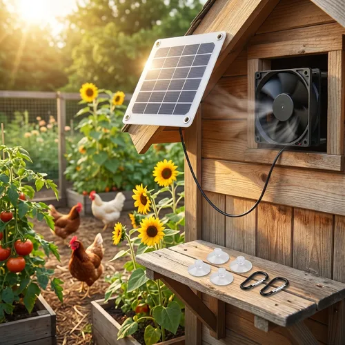 Vista 2 de Kit de ventilador extractor alimentado por energía solar, 6V 10W IP65 impermeable, gallinero de invernadero, carga USB