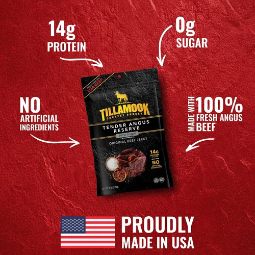 Vista 3 de Tillamook Country Smoker Tender Angus Reserve Original Beef Jerky, bolsa de 6 oz, Carne de res Angus de EE. UU. ahumada lentamente con madera real