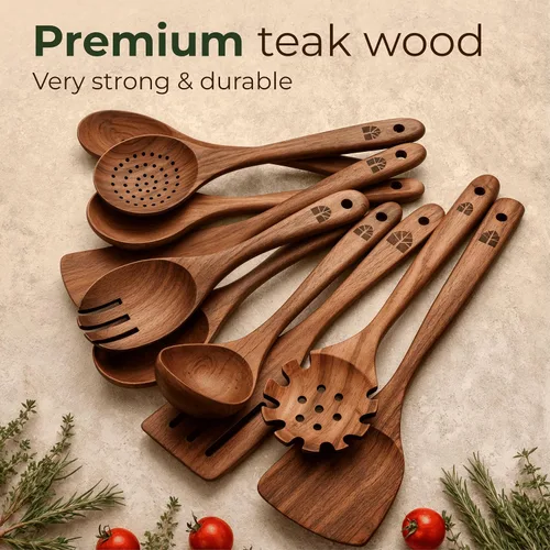 Vista 2 de Cucharas de madera para cocinar: juego de utensilios de cocina de teca