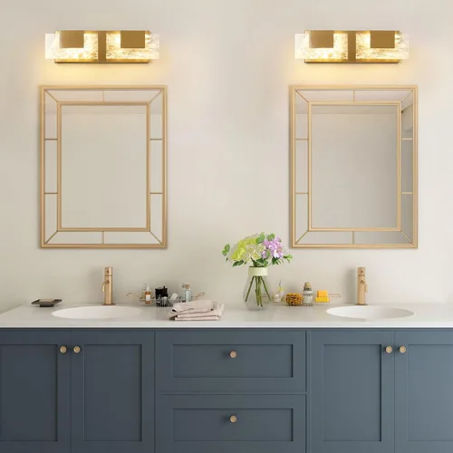 Vista 3 de Luz LED para Tocador de Baño: Accesorios de Iluminación Modernos de Acrílico en Dorado Cepillado de 16 pulgadas - 2 Luces Contemporáneas de Acabado