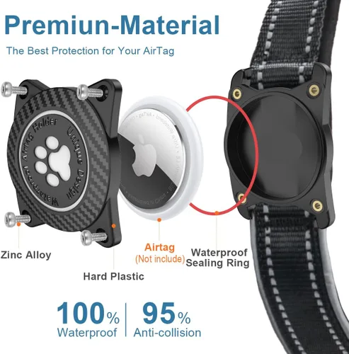 Vista 3 de Collar para perro Airtag con soporte impermeable para AirTag, luminoso reflectante, acolchado suave, collar de nailon ajustable para perros Negro