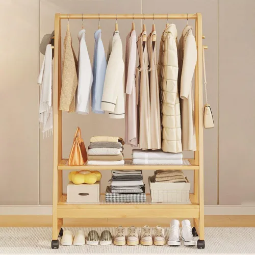 Vista 2 de Bamboo Clothing Rack with Hanging Rails,Sturdy Garment Rack with 2-Tier Shoe Rack,Portable Clothes Rack with Hook and Storage Shelf,for