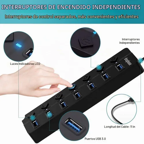 Vista 2 de Hub USB 3.0 de 7 puertos con interruptores de alimentación individuales y luces LED, divisor de concentrador de datos de alta velocidad