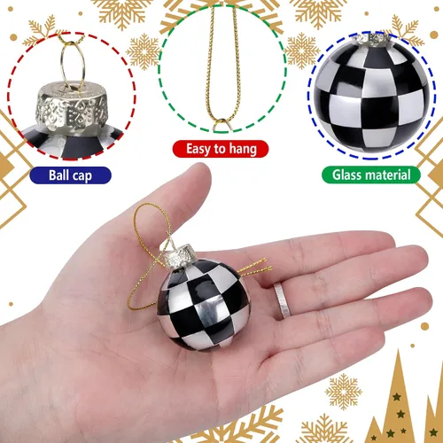 Vista 3 de 12 bolas de Navidad en blanco y negro, bolas colgantes de 1.6 pulgadas, bolas colgantes de búfalo de cristal a cuadros, decoración de árbol de bolas