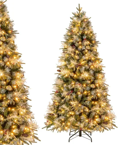 Vista 9 de DORTALA Árbol de Navidad artificial verde preiluminado de 7 pies, con bisagras, con 250 luces LED blancas cálidas, 8 modos de iluminación, 830