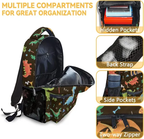 Vista 6 de Mochila personalizada para niños con lonchera para niños y niñas, juego personalizado de 3 mochilas escolares de dinosaurios a juego, bonita bolsa