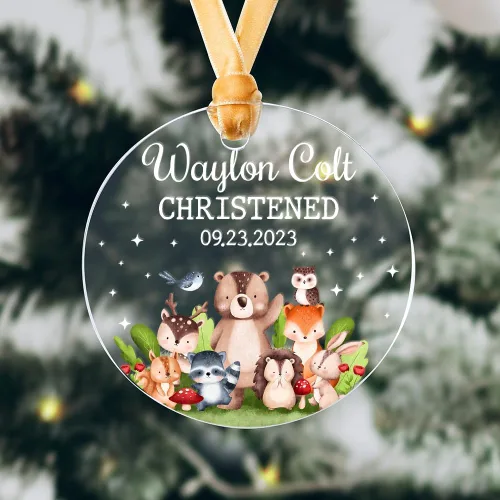 Vista 6 de Regalos personalizados de bautizo para niños y niñas, adorno de bautismo para ahijada, ahijado, adorno de bautizo de bosque para bebé, niño, niña