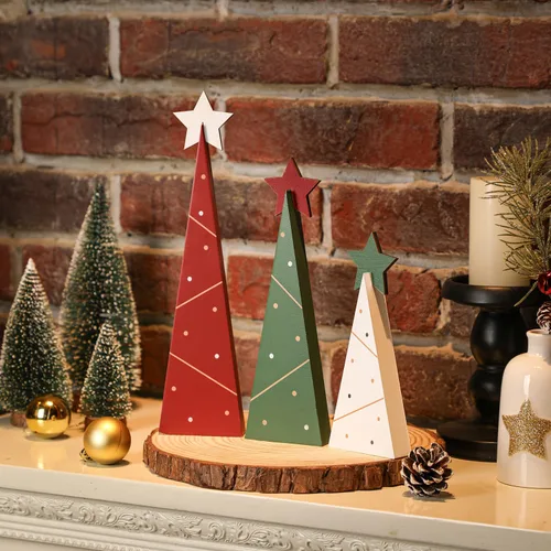 Vista 3 de Amorita Decoración rústica de Navidad de 3 piezas, árboles de Navidad de madera, decoración de mesa, árbol de madera independiente, centros de mesa