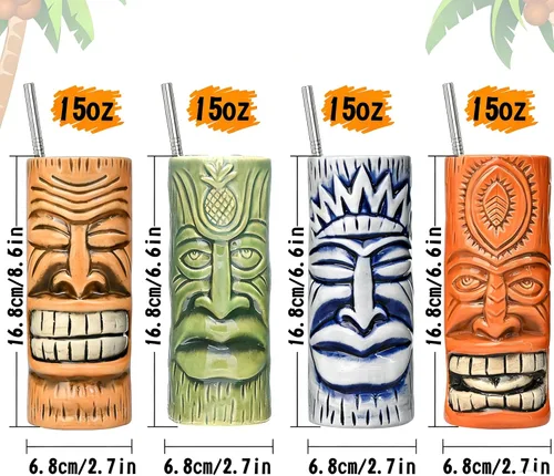 Vista 2 de Tiki Mugs - Juego de 4 tazas de cóctel de cristal Tiki de cerámica, vasos de cóctel únicos, taza hawaiana profesional de bar y Halloween fiesta