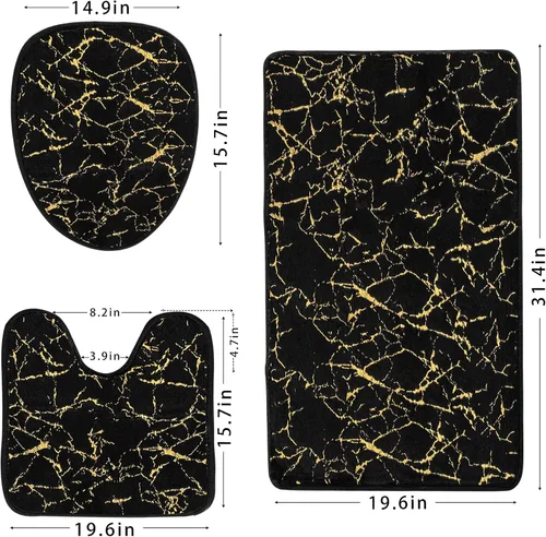 Vista 2 de Juego de 3 alfombras y tapetes de baño antideslizantes de mármol negro dorado, suave, lavable, absorbente de agua, con contorno en forma de U y tapa
