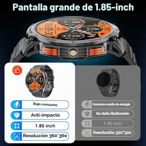 Vista 5 de Reloj Inteligente Militar para Hombres Pantalla Táctil HD de 1.85" Batería de 730mAh Relojes Inteligentes con Linterna LED para Android iOS