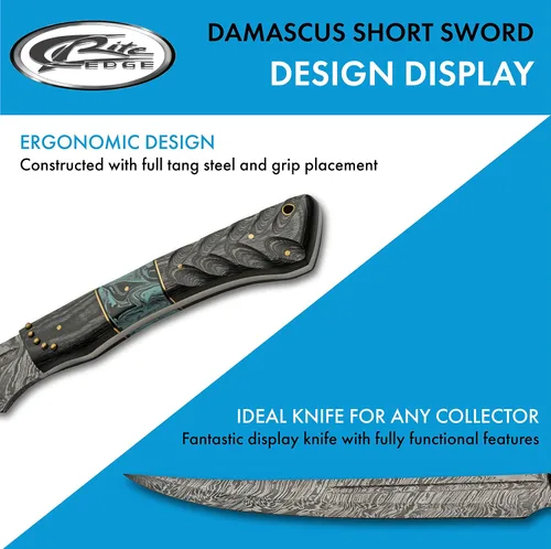 Vista 4 de SANZ Damascus Supplies - Espada corta de espiga completa con mango de resina de madera y turquesa, con funda de cuero, negro/turquesa/marrón, 22
