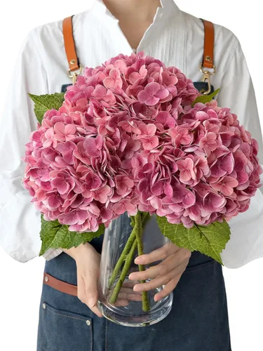 Vista 10 de JINWOE Hortensias artificiales de tacto real, 3 piezas de 21 pulgadas, flores de seda de látex real grandes, tallos largos, ramo de flores falsas