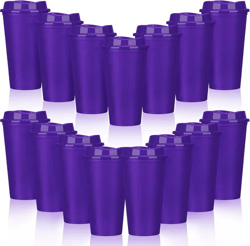 Vista 10 de Domensi Paquete de 15 tazas de café reutilizables con tapas, vasos de viaje desechables de 16 onzas, vasos de plástico a granel para llevar, vasos
