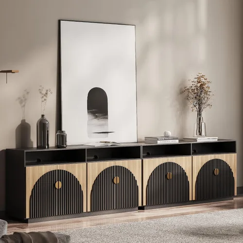 Vista 50 de BELLEZE Centro de entretenimiento modular de 4 piezas con almacenamiento, 2 vitrinas de madera moderna con gabinete arqueado y 2 armarios de puerta