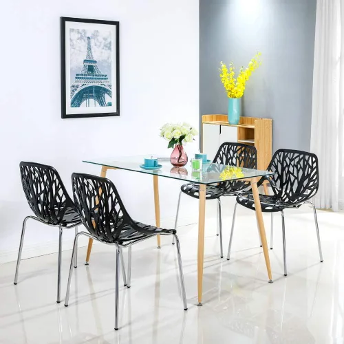 Vista 2 de Bonnlo Juego de 4 sillas de comedor apilables modernas, negras, sillas de plástico de abedul para comedor, sala de estar, oficina