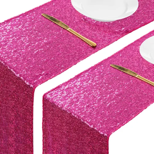 Vista 10 de ShinyBeauty Camino de mesa de lentejuelas rosa intenso, 12 x 72 pulgadas, elegante camino de mesa para eventos de boda personalizado
