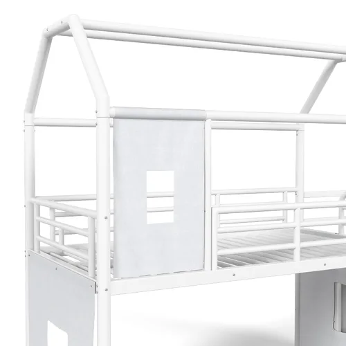 Vista 7 de RUNNA Playhouse Twin Over Full Bunk Bed with Slide and LED，Antique White-M