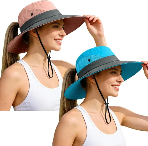 Vista 32 de Rosoz Sombreros de cola de caballo para mujer, protección UV, ala ancha 1 paquete-negro