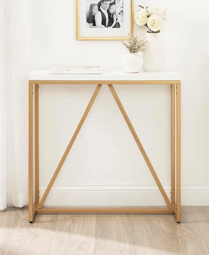 Vista 4 de Kate and Laurel Kaya Modern Glam - Mesa consola de 30 x 30 x 10 pulgadas, color blanco y dorado pintado, mesa rectangular de dos tonos con base