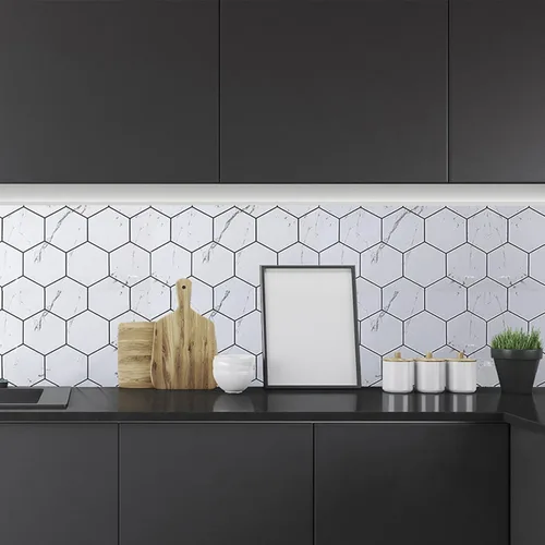 Vista 2 de Dundee Deco Papel de contacto autoadhesivo de mármol sintético blanco, papel tapiz moderno para salpicaduras de cocina, encimera, armarios, cajones
