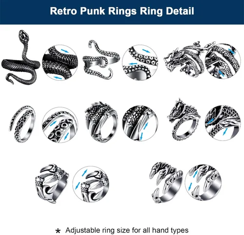 Vista 3 de Hicarer 8 piezas vintage punk anillos dragón serpiente pulpo Halloween anillo ajustable, Acero inoxidable