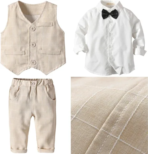 Vista 5 de Conjunto de chaleco de 3 piezas para niños, conjunto de camisa de manga larga y pantalones con corbata