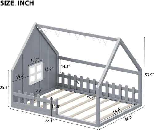 Vista 2 de Polibi Cama de casa de tamaño completo, marco de cama de piso de madera con ventana y valla para niños, gris